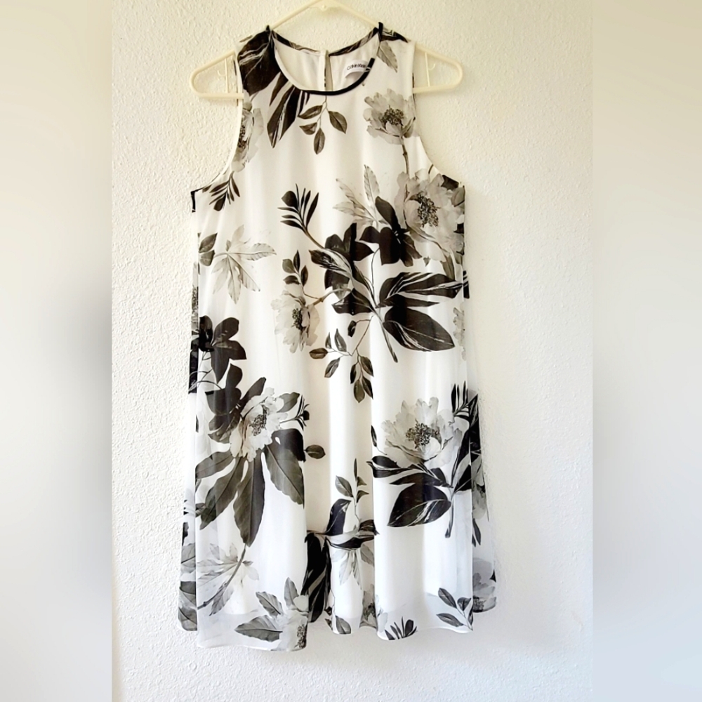 Calvin Klein A-shape light flowy black and white dress Size M